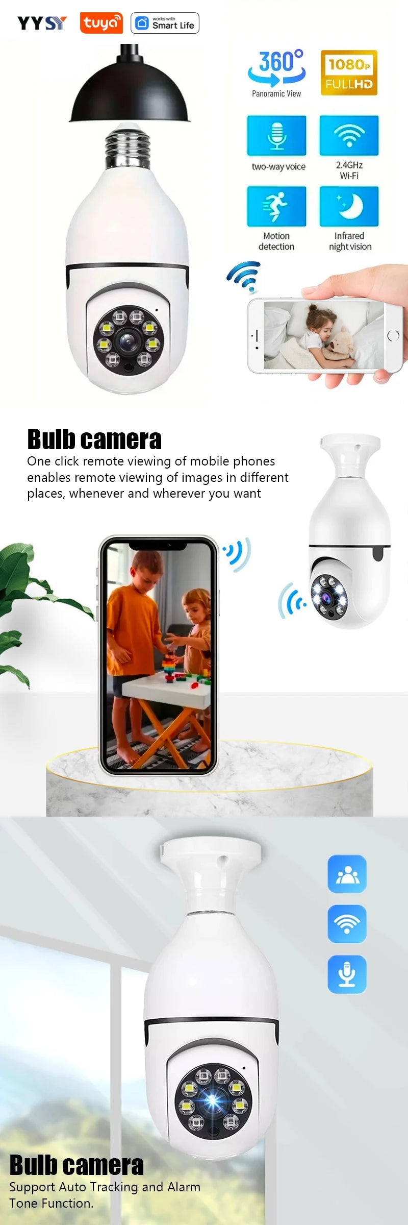 Tuya Smart Home 2.4G E27 Bulb Wifi Surveillance Camera HD Night Security Video Surveillance Supprt Two Way Audio Mobile Motion