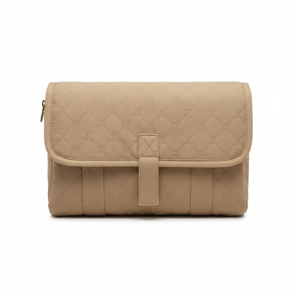 Portable baby changing mat bag in beige on white background